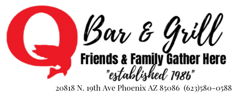 The Q Bar & Grill logo with address and tagline