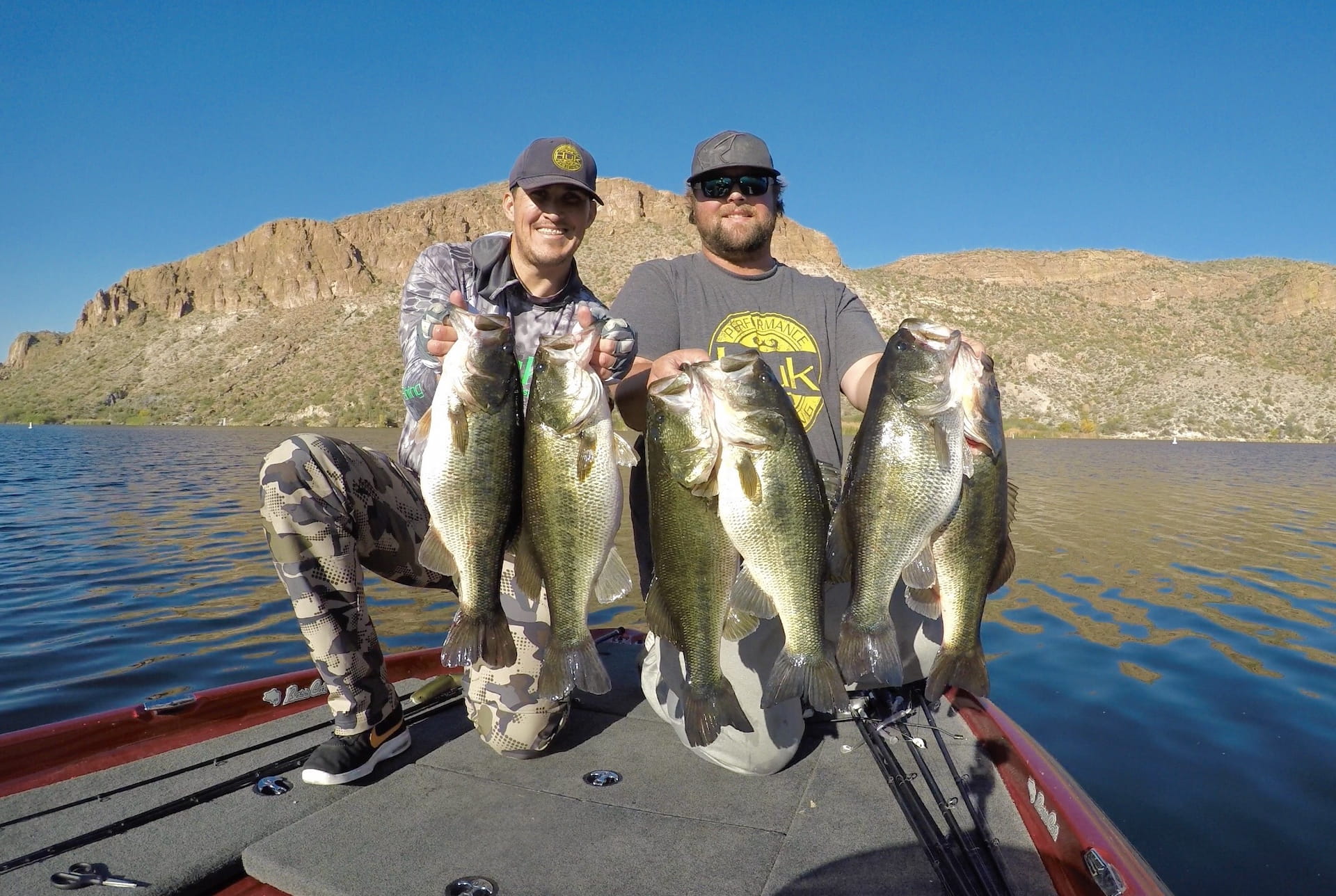 Nick Teschler & Seth Furmanek hold up 6 Massive Largemouth at Canyon Lake, AZ after a great day of fishing