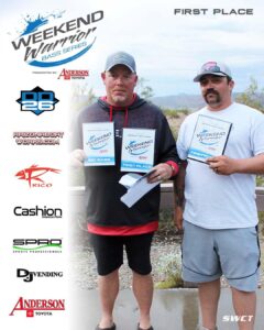 Matt Sullivan and Daniel Mosley hold their trophies for first place and big bass at Alamo Lake