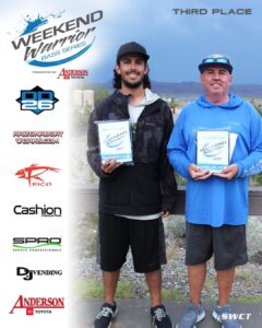 Mason and Rob Smook holding their second place trophies at the Weekend Warrior Series at Alamo Lake