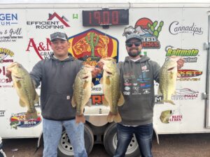 Frankie Mueller & Cody Spetz holding up their 2nd place fish at Martinez Lake