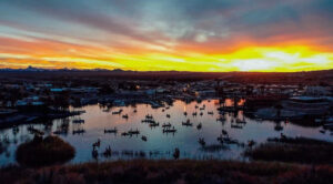 Bass Boats waiting to launch n fishers landing with the sunrise behind them