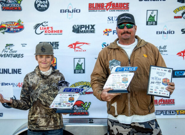 IMG_4976 Mick and Leland holding up their first place trophies in front of sponsor banner